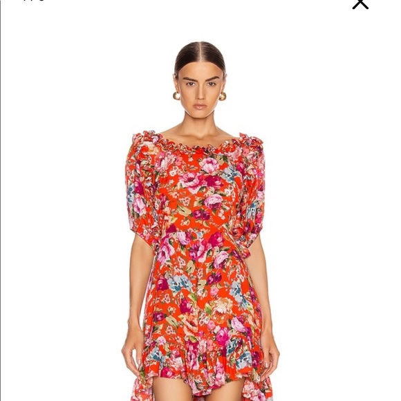 ICONS Objects of Devotion Floral Dress puff sleeve Red Pink Ruffle Neckline Hem - Picture 14 of 15